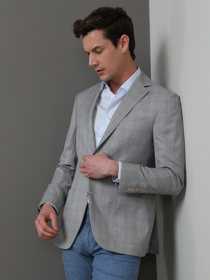 Grey Checkered Modern Fit 100% Wool Jacket - 1