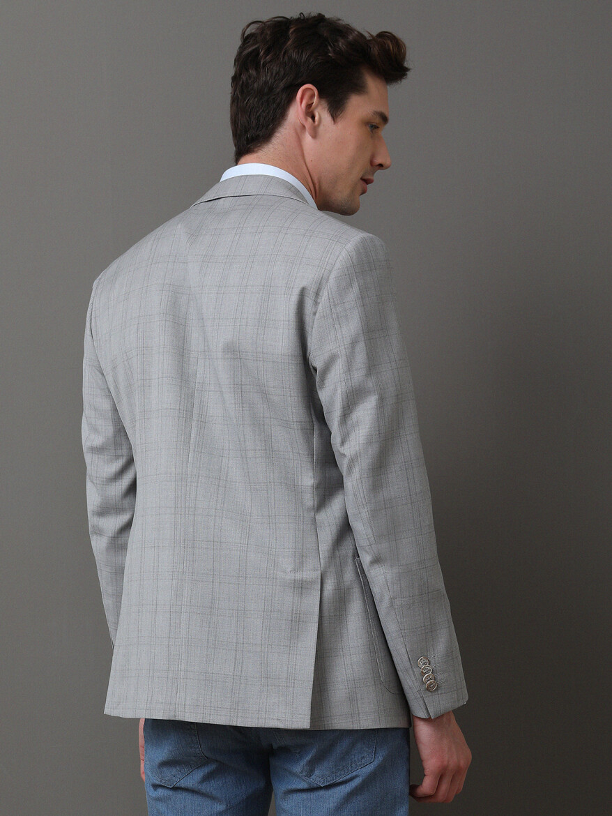 Grey Checkered Modern Fit 100% Wool Jacket - 3