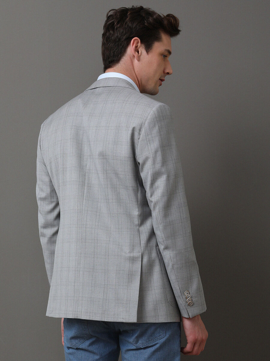 Grey Checkered Modern Fit 100% Wool Jacket - 3