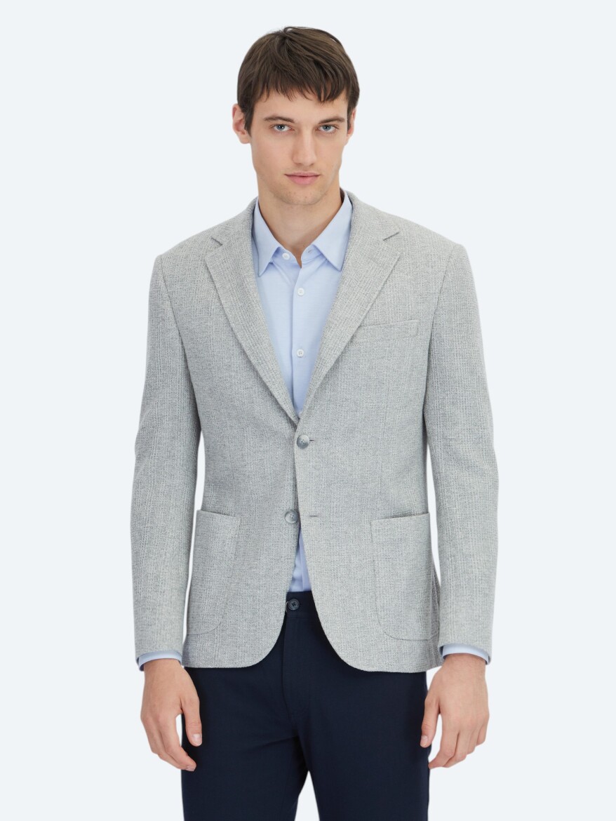 Grey Checkered Modern Fit Cotton Blended Jacket 