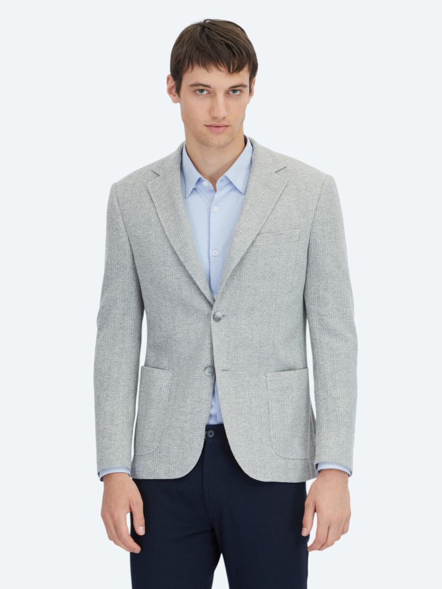 Grey Checkered Modern Fit Cotton Blended Jacket - 1