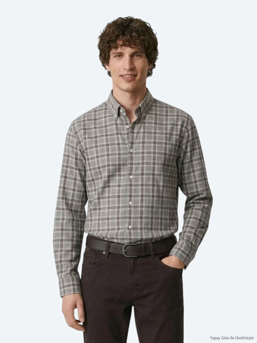 Grey Checkered Regular Fit Long Weaving Casual 100% Cotton Shirt - 1