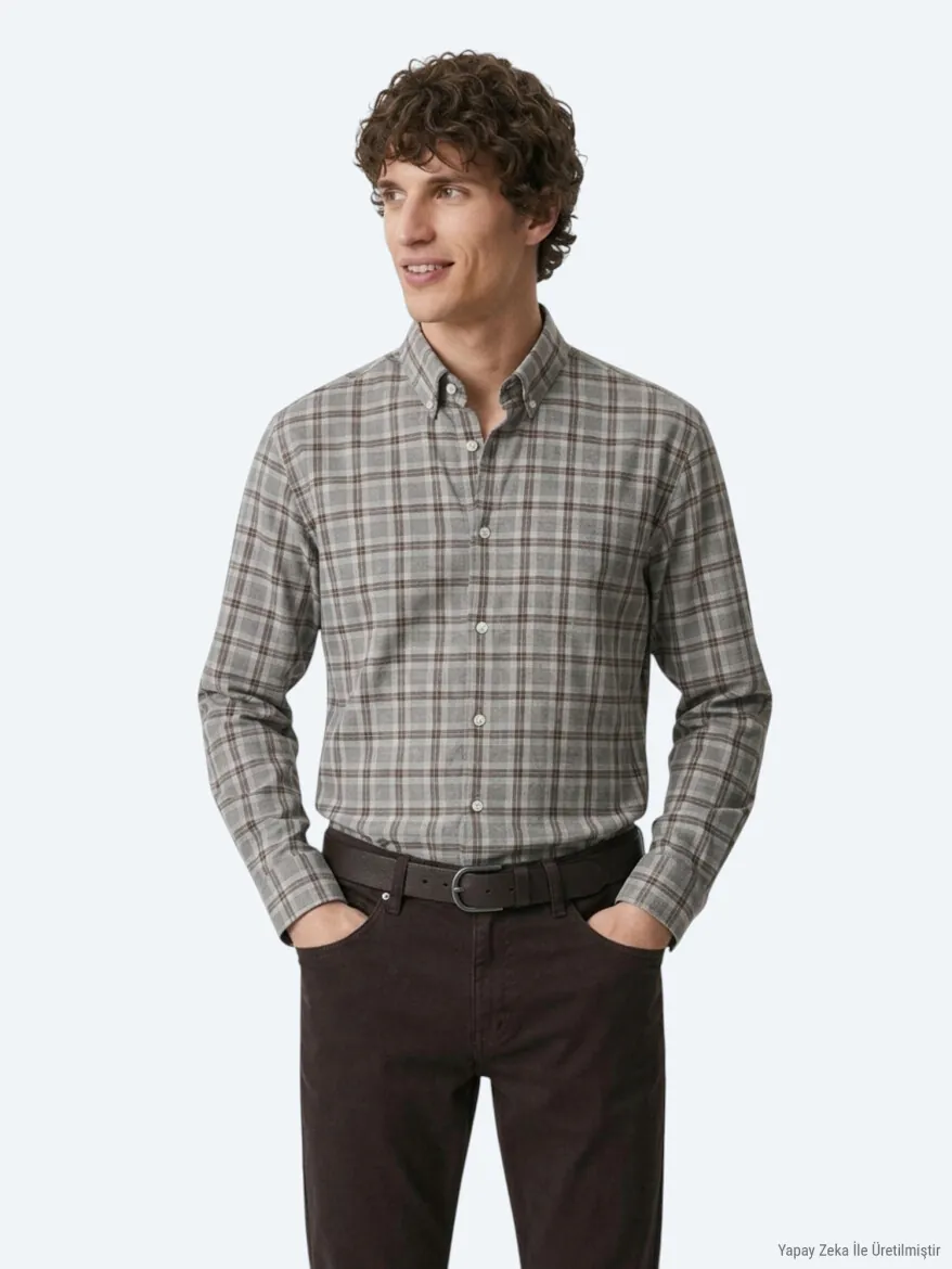 Grey Checkered Regular Fit Long Weaving Casual 100% Cotton Shirt - 3