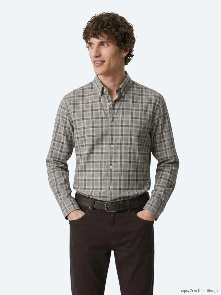 Grey Checkered Regular Fit Long Weaving Casual 100% Cotton Shirt - 3