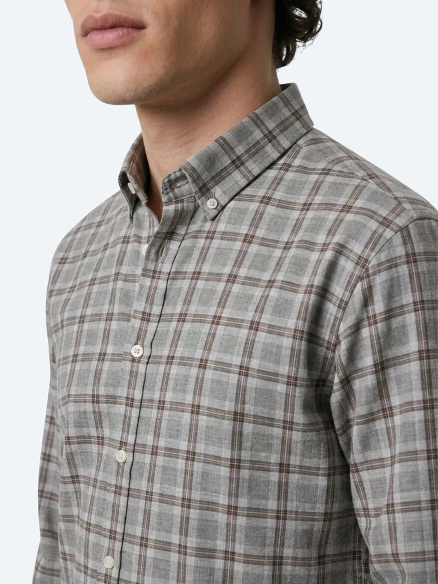 Grey Checkered Regular Fit Long Weaving Casual 100% Cotton Shirt - 4