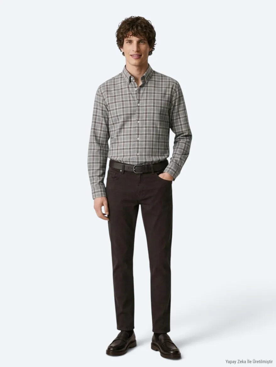 Grey Checkered Regular Fit Long Weaving Casual 100% Cotton Shirt - 5