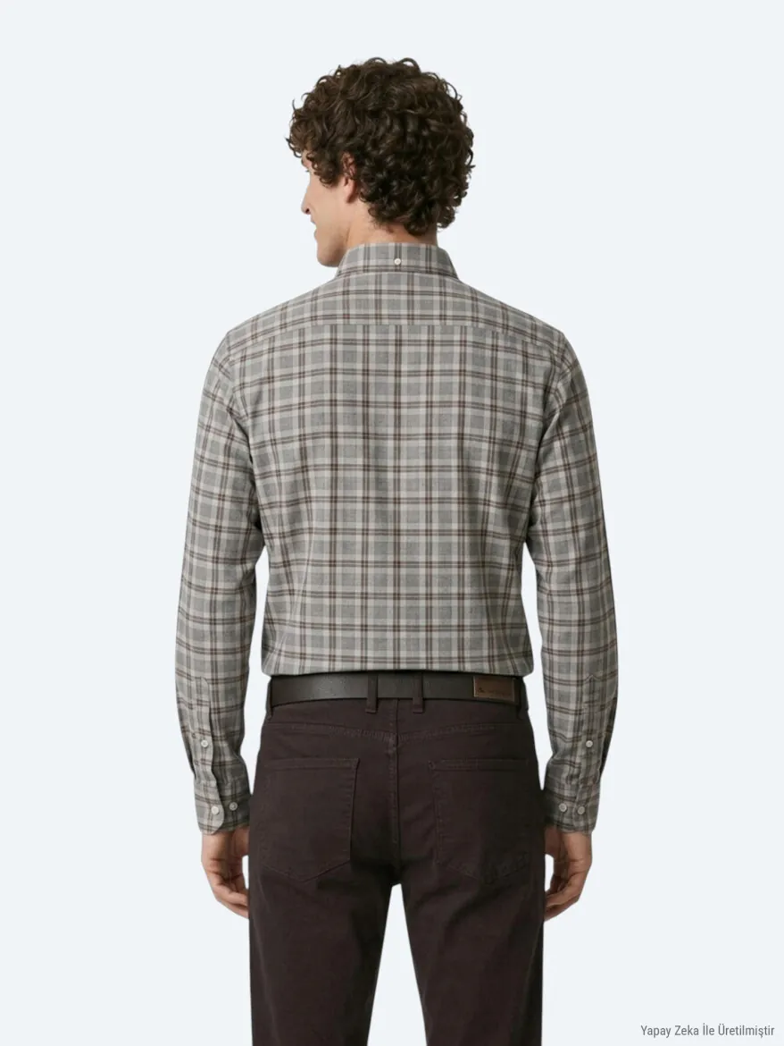 Grey Checkered Regular Fit Long Weaving Casual 100% Cotton Shirt - 6