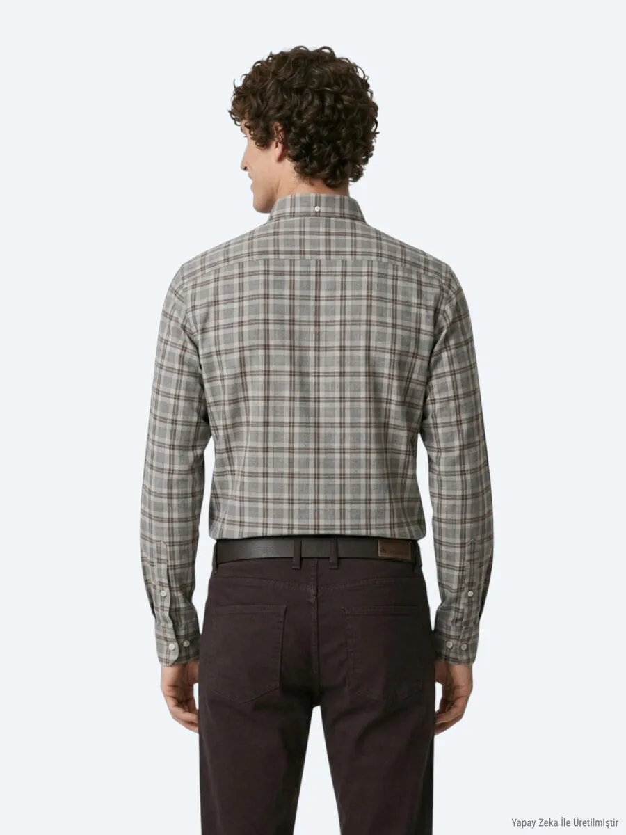 Grey Checkered Regular Fit Long Weaving Casual 100% Cotton Shirt - 6