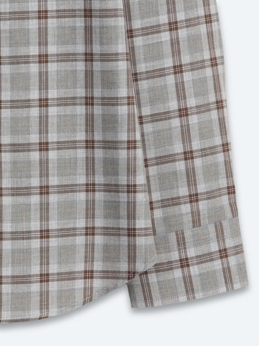 Grey Checkered Regular Fit Long Weaving Casual 100% Cotton Shirt - 10