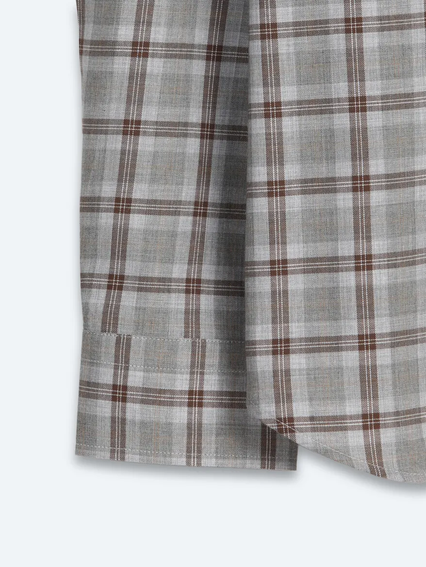 Grey Checkered Regular Fit Long Weaving Casual 100% Cotton Shirt - 11