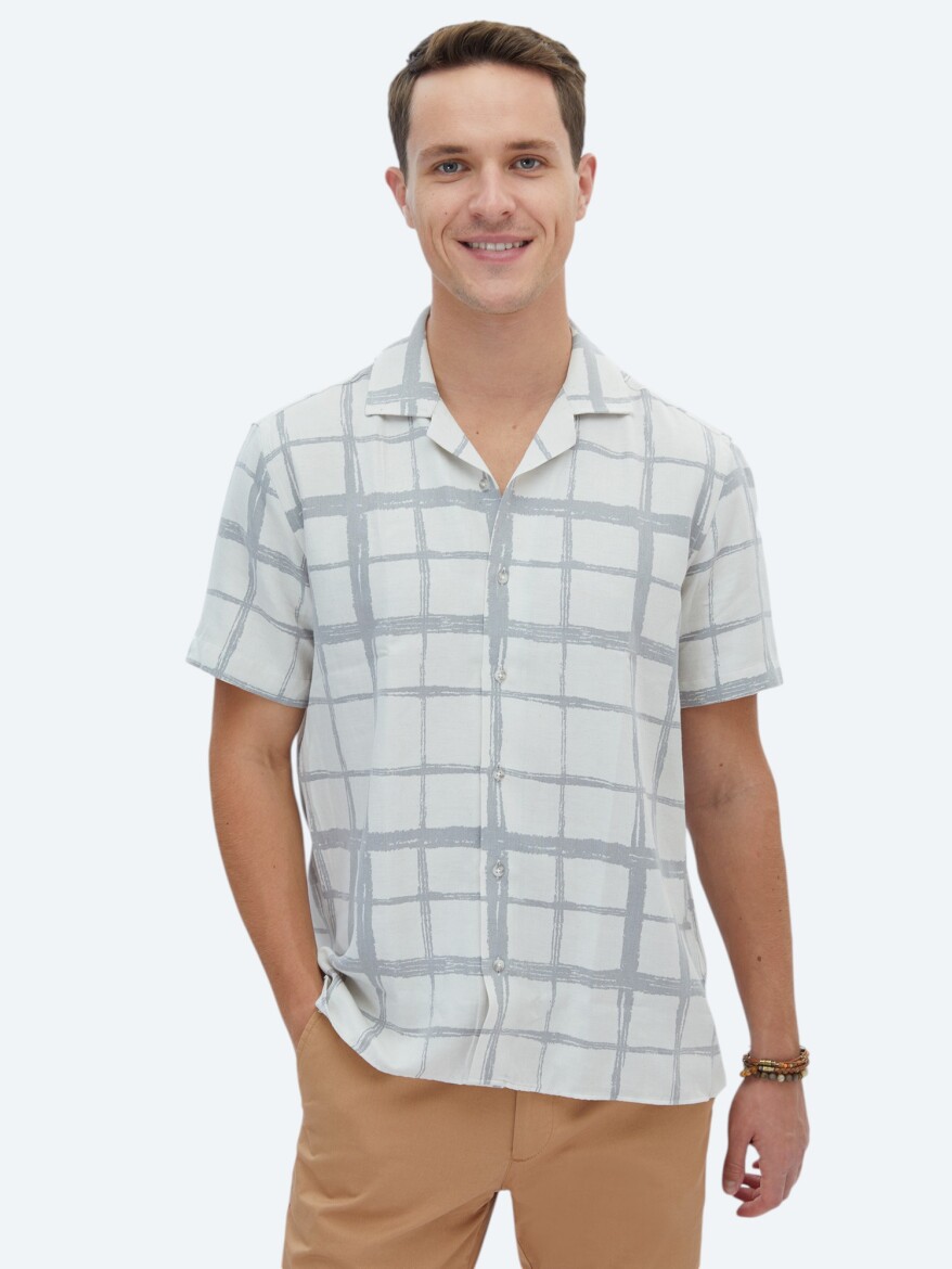 Grey Checkered Regular Fit Weaving Casual Cotton Blended Shirt - 1