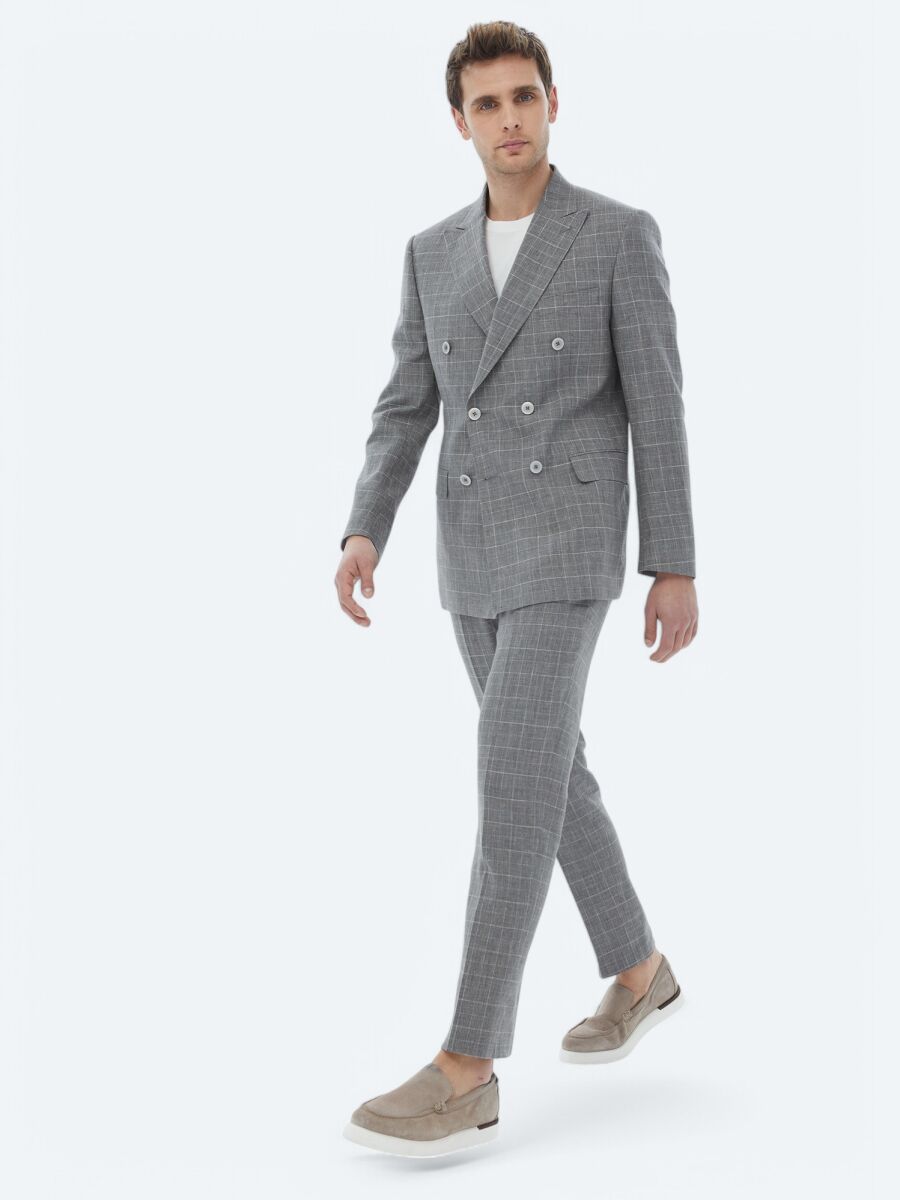 Grey Checkered Slim Fit Cotton Blended Suit - 1