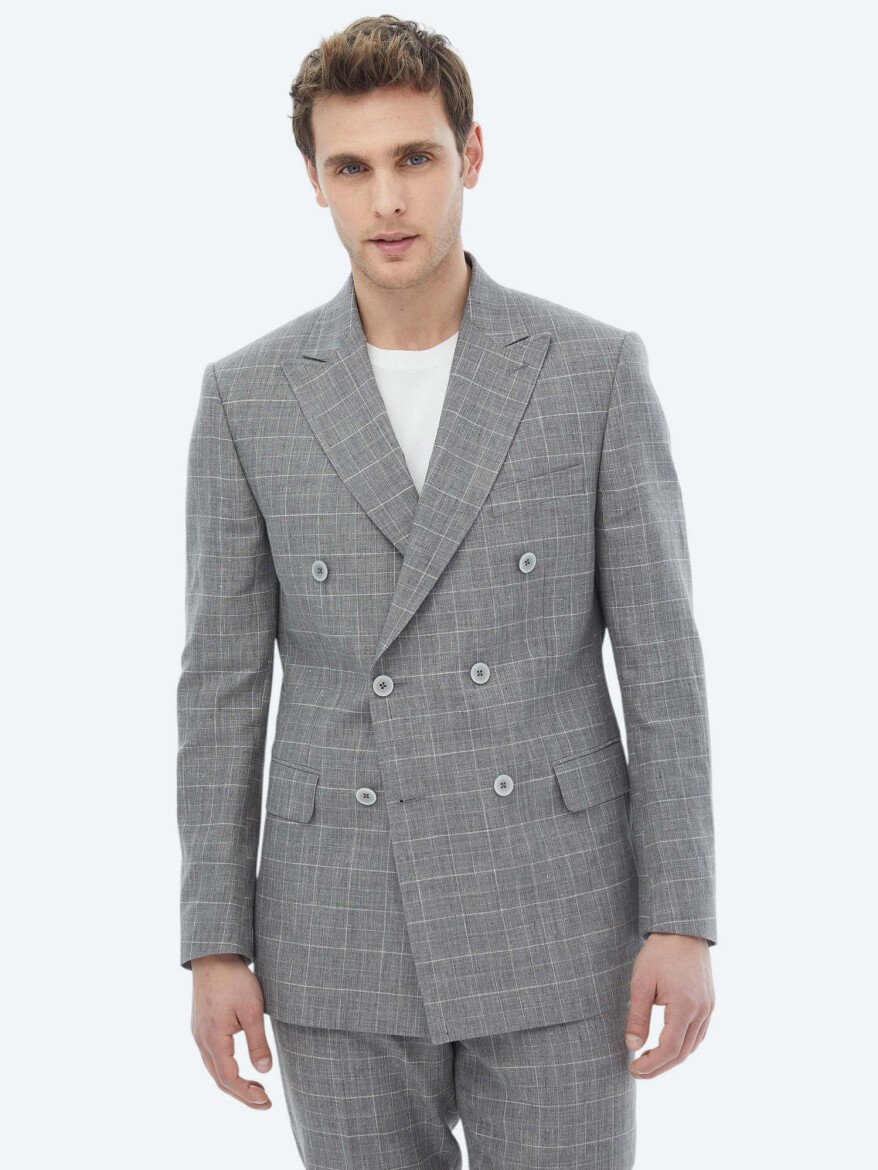 Grey Checkered Slim Fit Cotton Blended Suit - 3