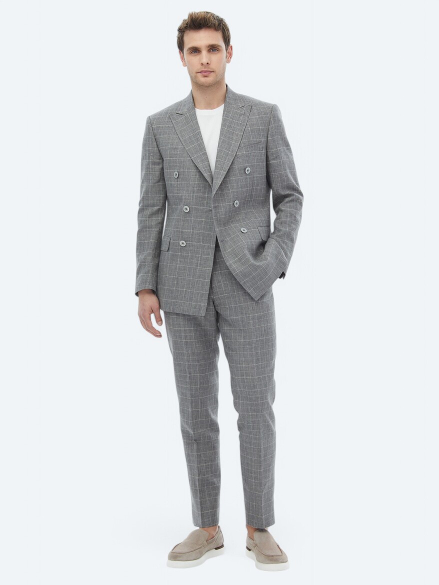 Grey Checkered Slim Fit Cotton Blended Suit - 5