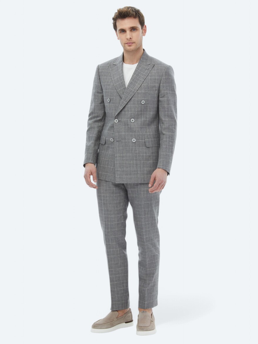Grey Checkered Slim Fit Cotton Blended Suit - 6