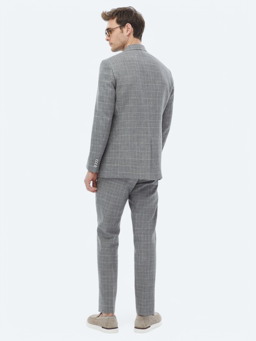 Grey Checkered Slim Fit Cotton Blended Suit - 9