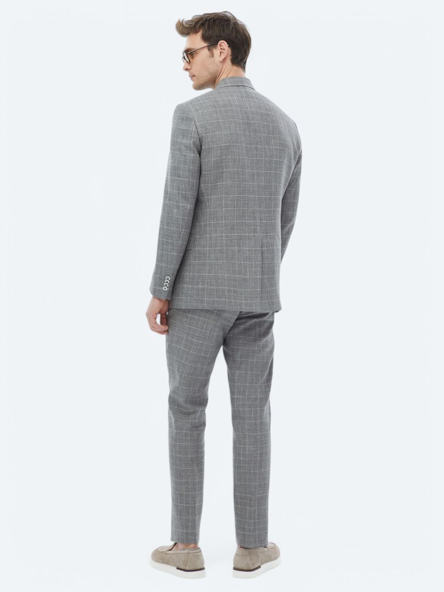 Grey Checkered Slim Fit Cotton Blended Suit - 9