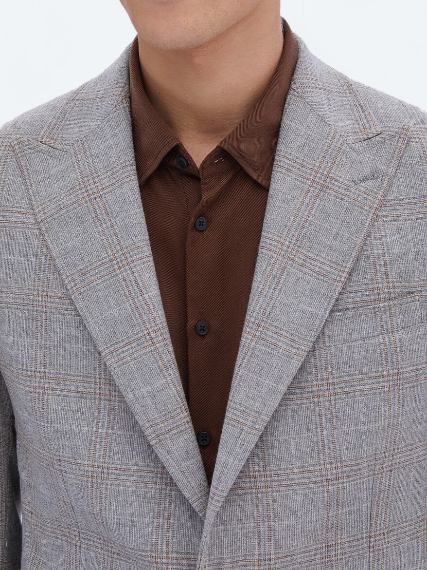 Grey Checkered Slim Fit Wool Blended Jacket - 3