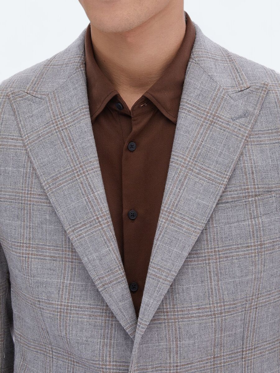 Grey Checkered Slim Fit Wool Blended Jacket - 3