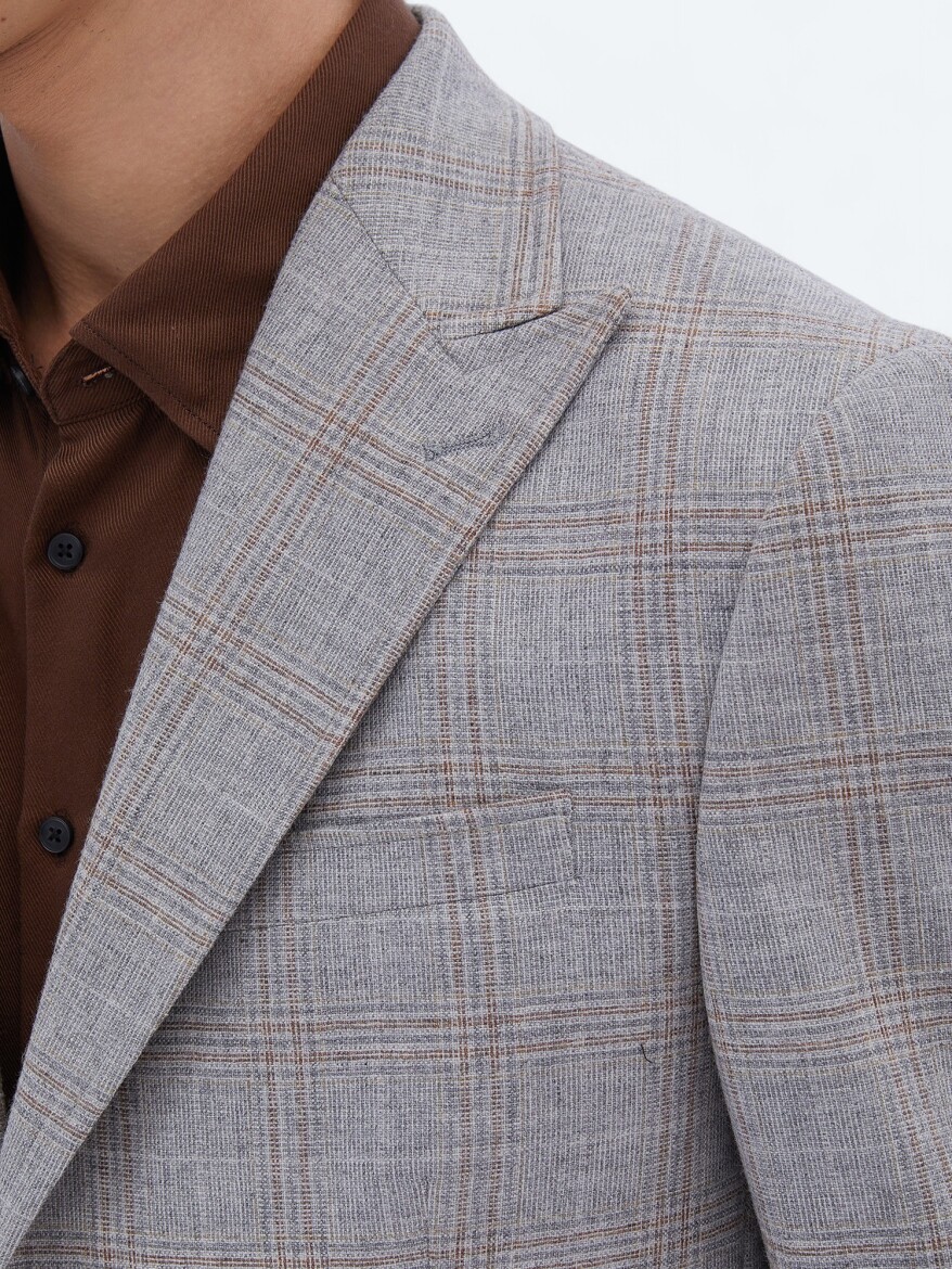 Grey Checkered Slim Fit Wool Blended Jacket - 4