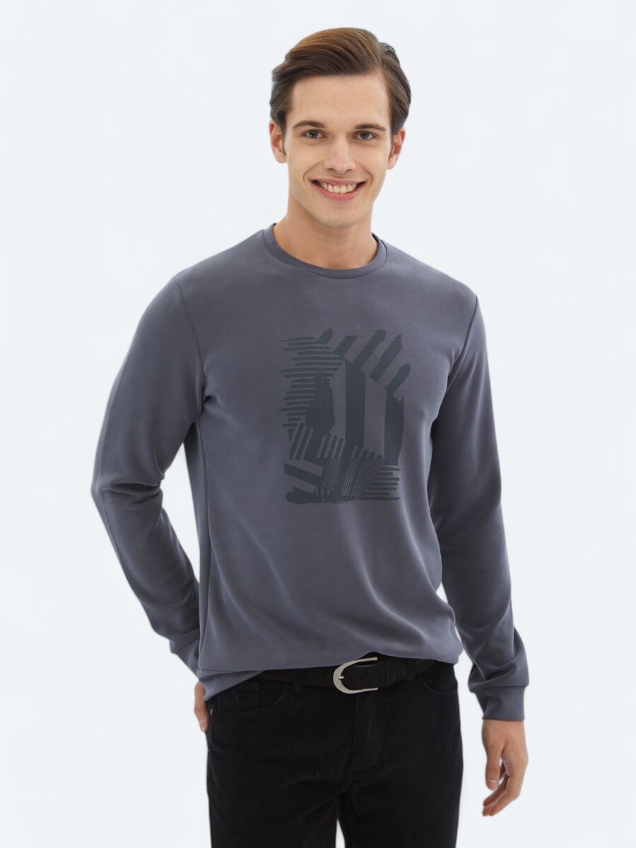 Grey Crew Neck Printed Sweatshirt - 1