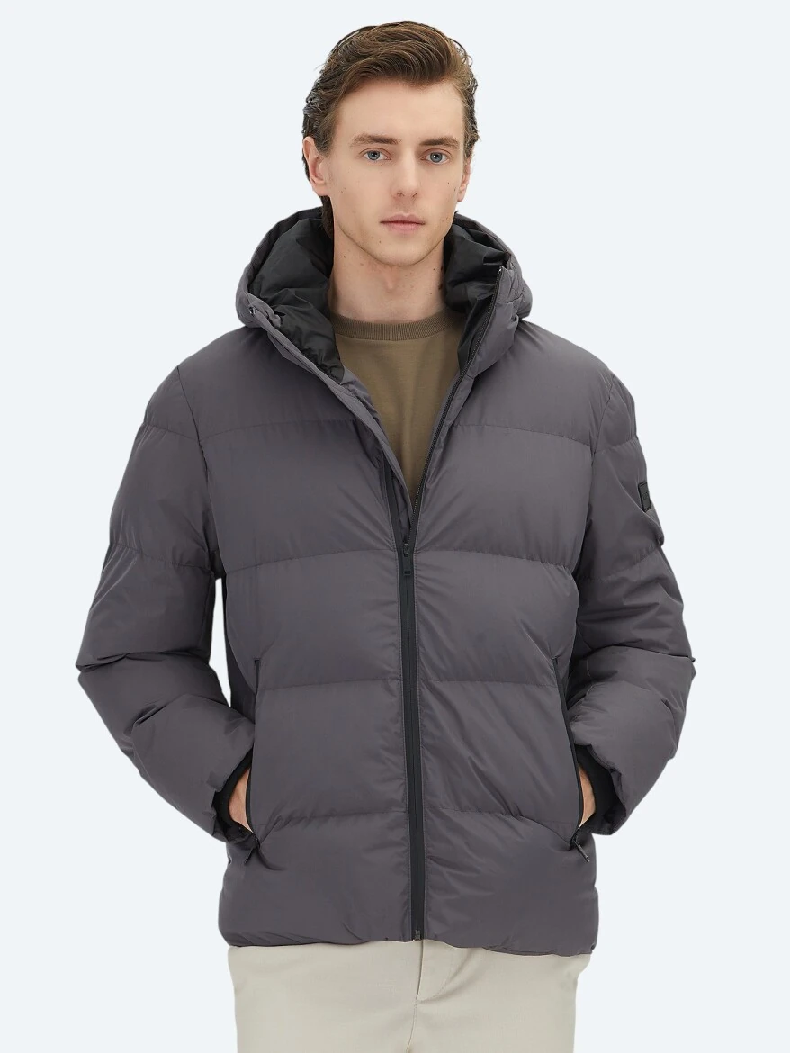 Grey Hooded Casual Weaving Coat - 1