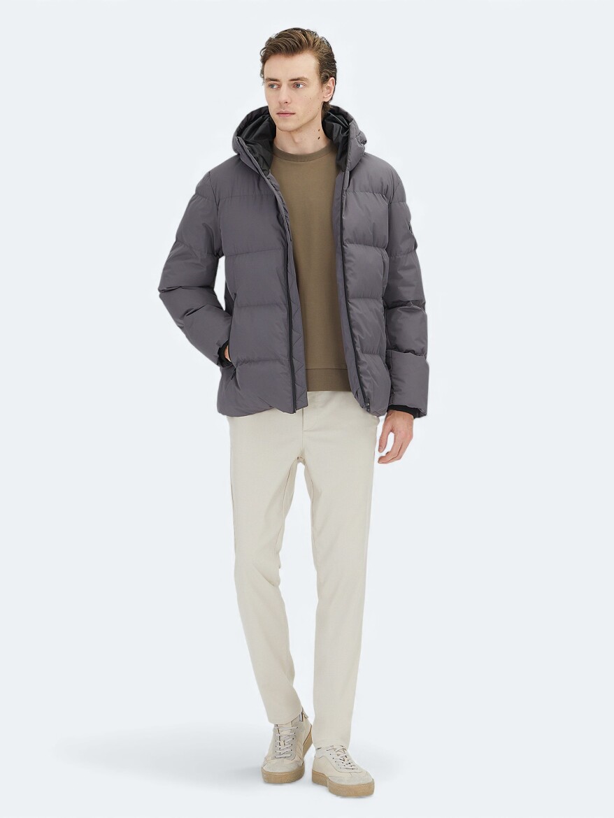 Grey Hooded Casual Weaving Coat - 2