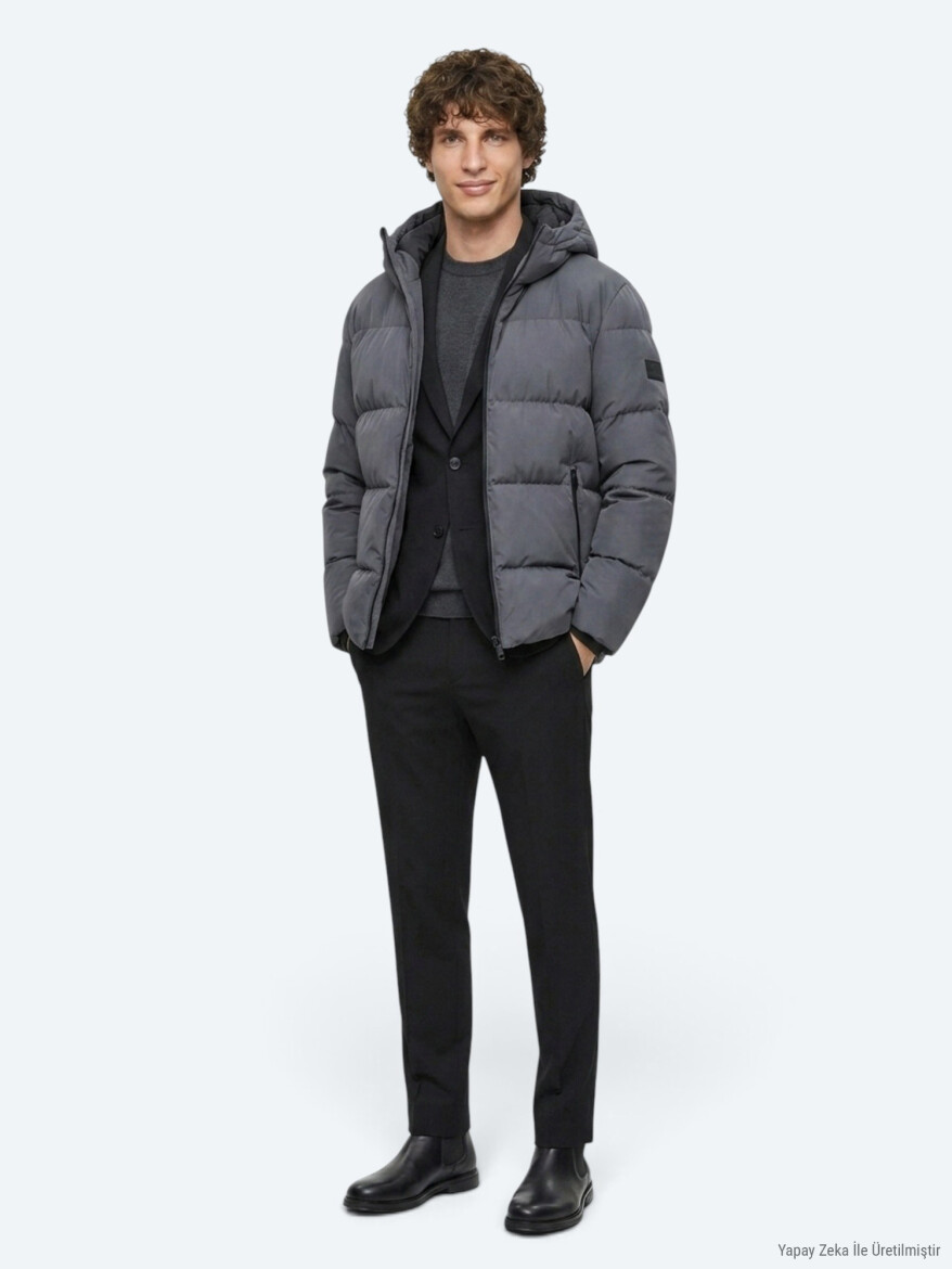 Grey Hooded Casual Weaving Coat - 3