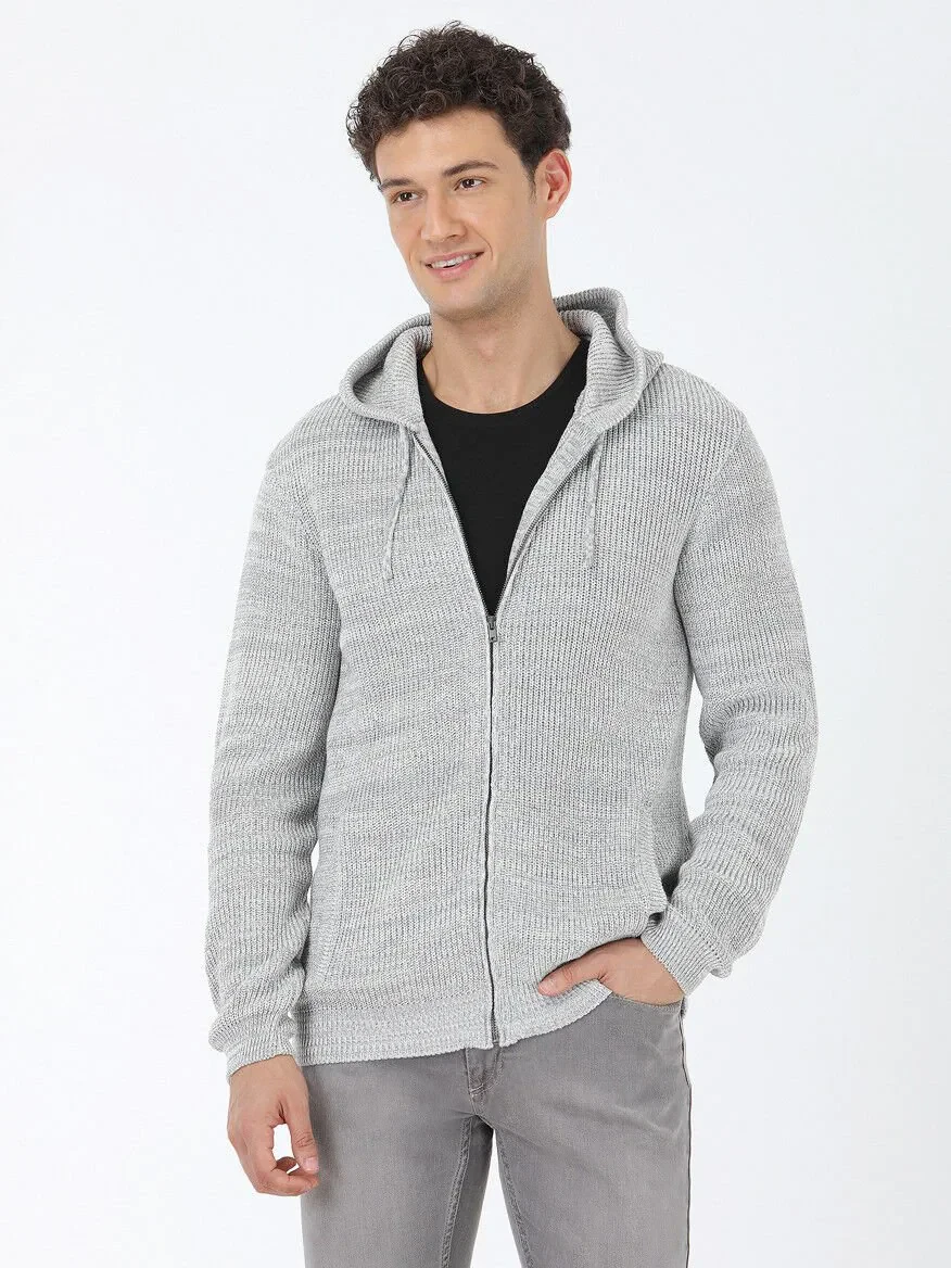 Grey Hooded Wool Blended Cardigan - 1