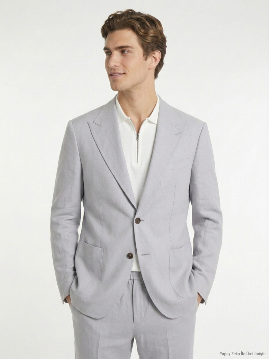 Grey Modern Fit Linen Blended Suit - KİP