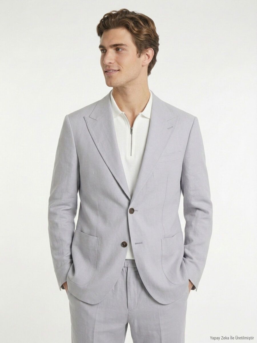 Grey Modern Fit Linen Blended Suit - 1