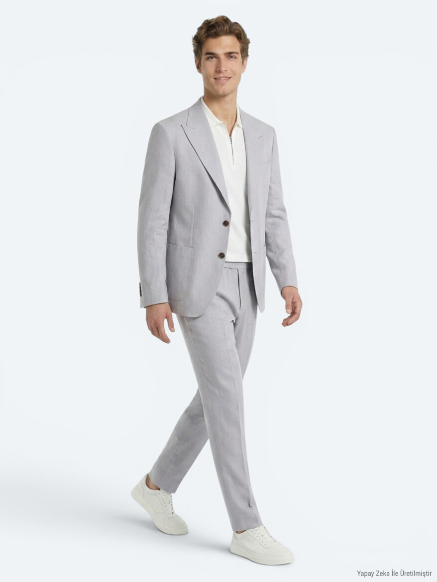 Grey Modern Fit Linen Blended Suit - KİP