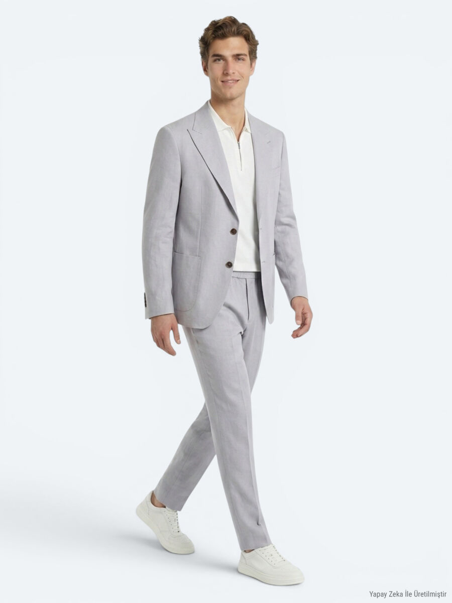 Grey Modern Fit Linen Blended Suit - 2