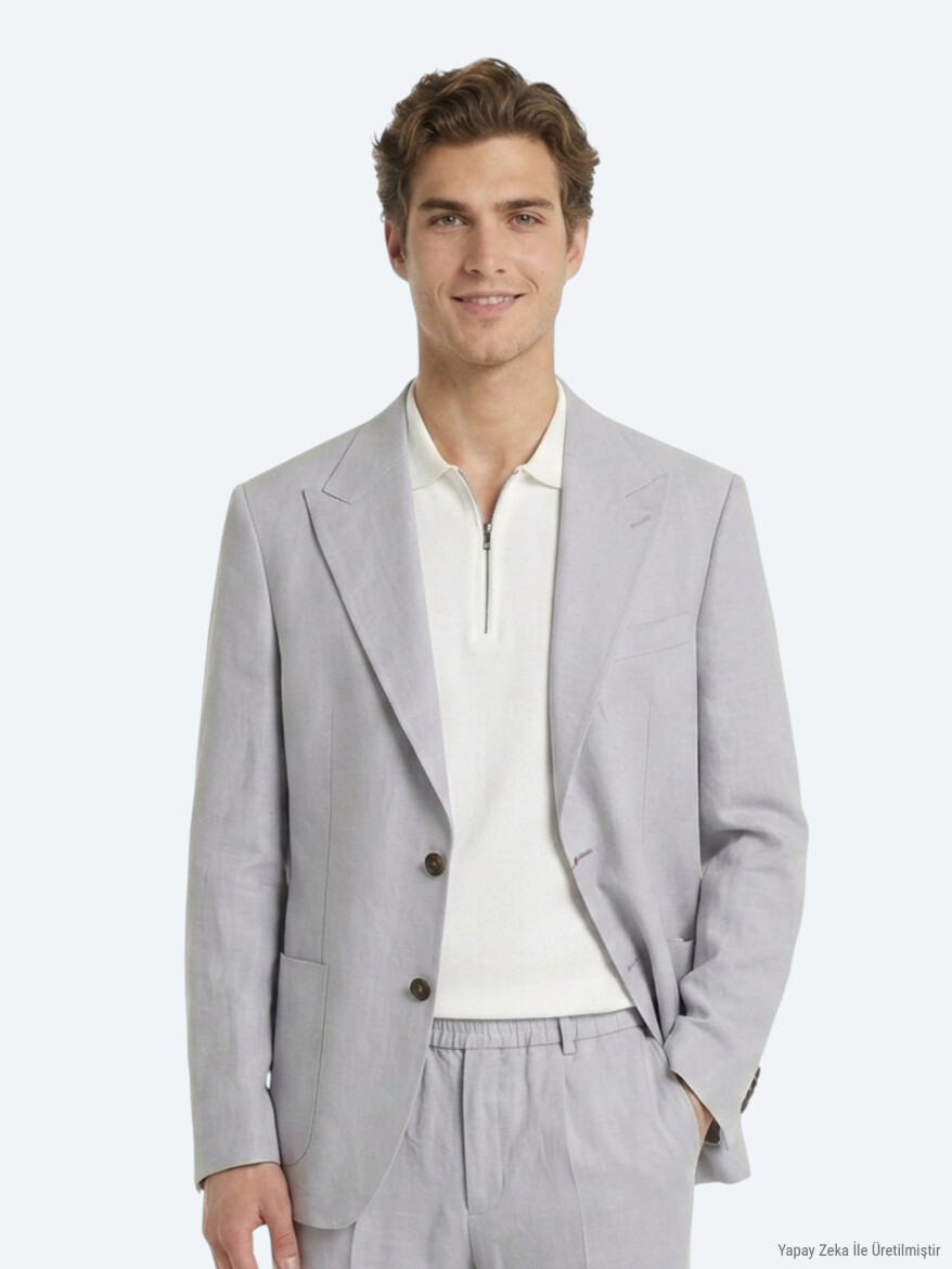 Grey Modern Fit Linen Blended Suit - 3