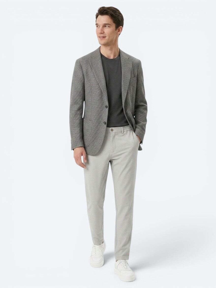 Grey Patterned Comfort Fit Wool Blended Jacket - 1
