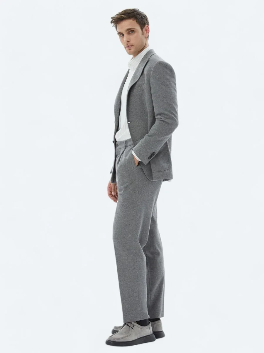 Grey Patterned Modern Fit Cotton Blended Suit - 3