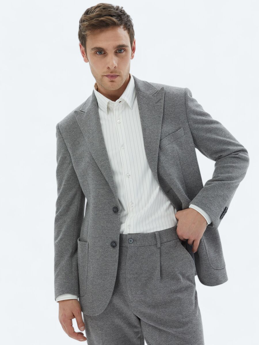 Grey Patterned Modern Fit Cotton Blended Suit - 1