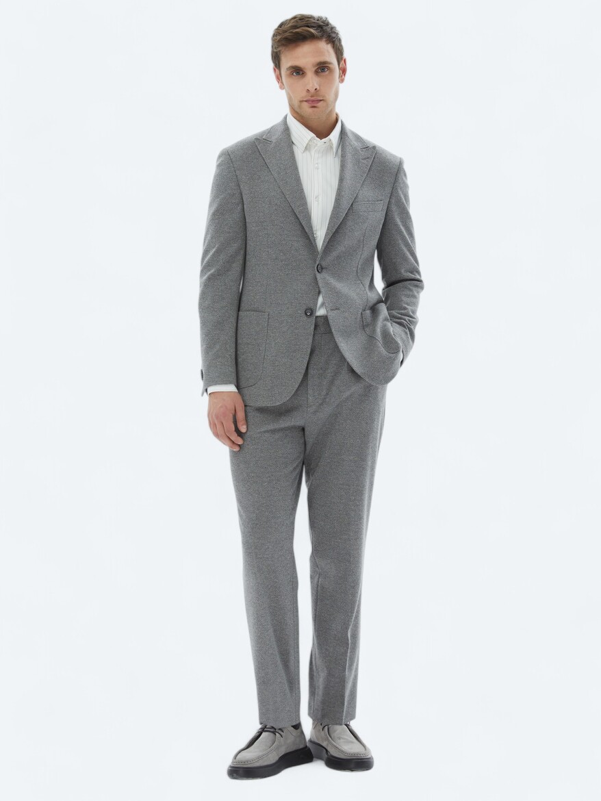 Grey Patterned Modern Fit Cotton Blended Suit - 2