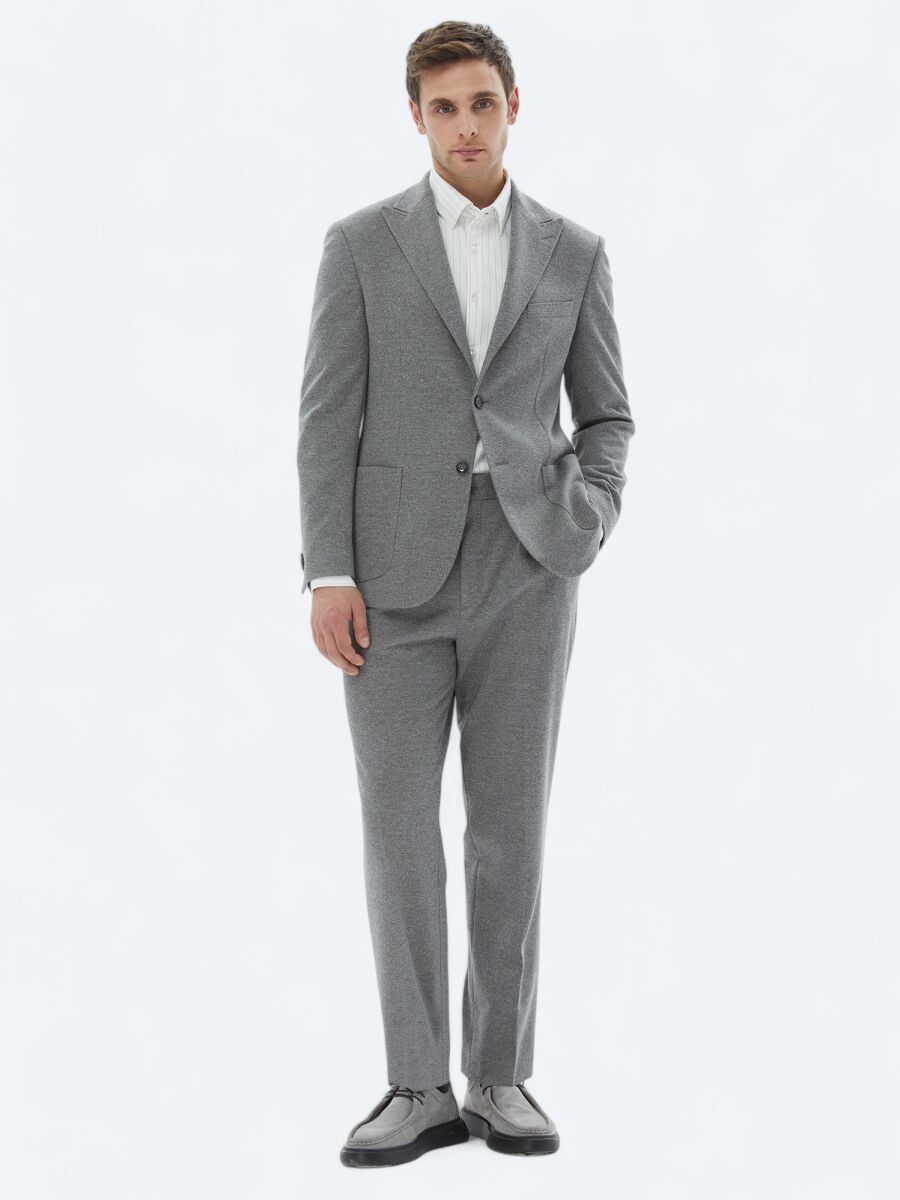 Grey Patterned Modern Fit Cotton Blended Suit - 2