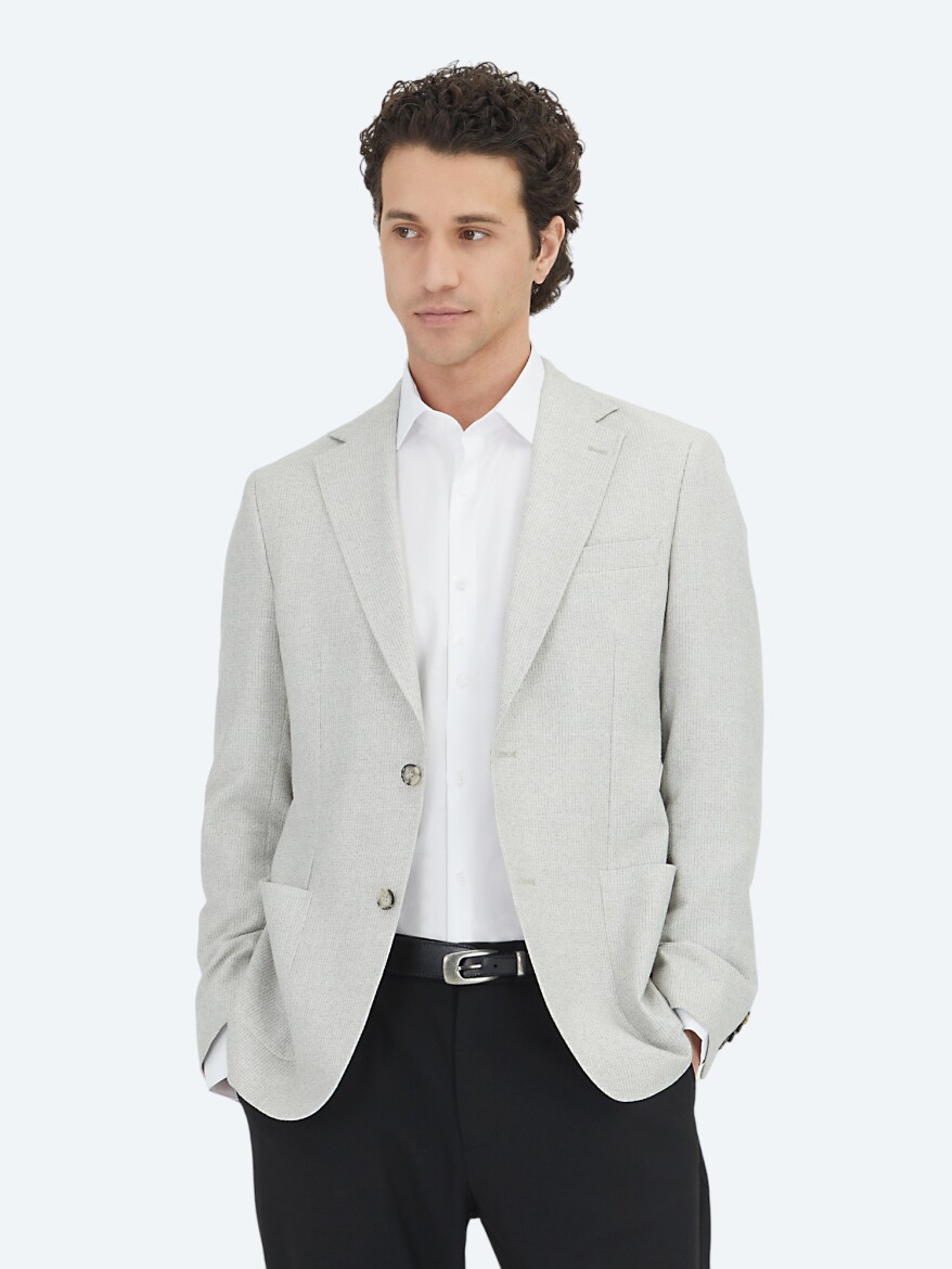 Grey Patterned Modern Fit Linen Blended Jacket 