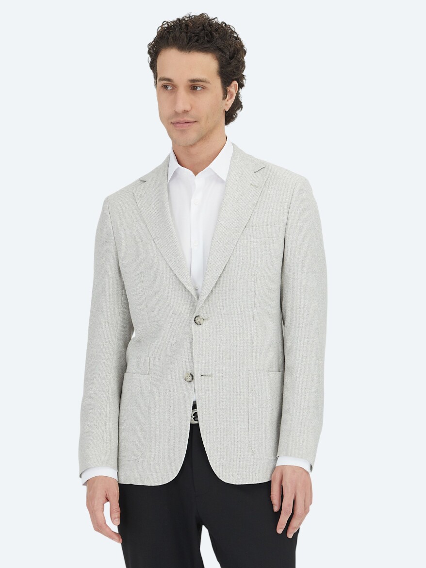 Grey Patterned Modern Fit Linen Blended Jacket - 5