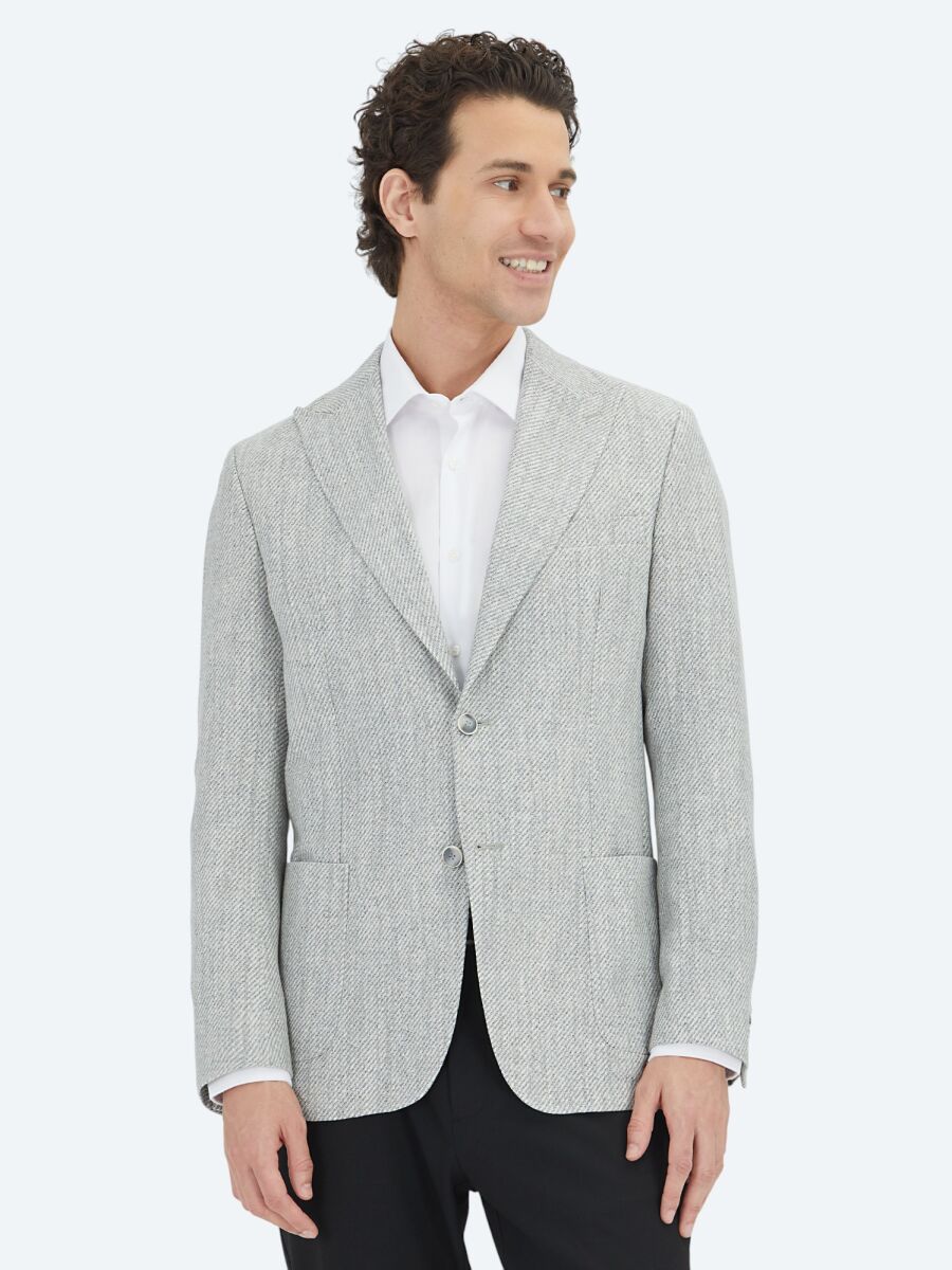 Grey Patterned Modern Fit Linen Blended Jacket - 1