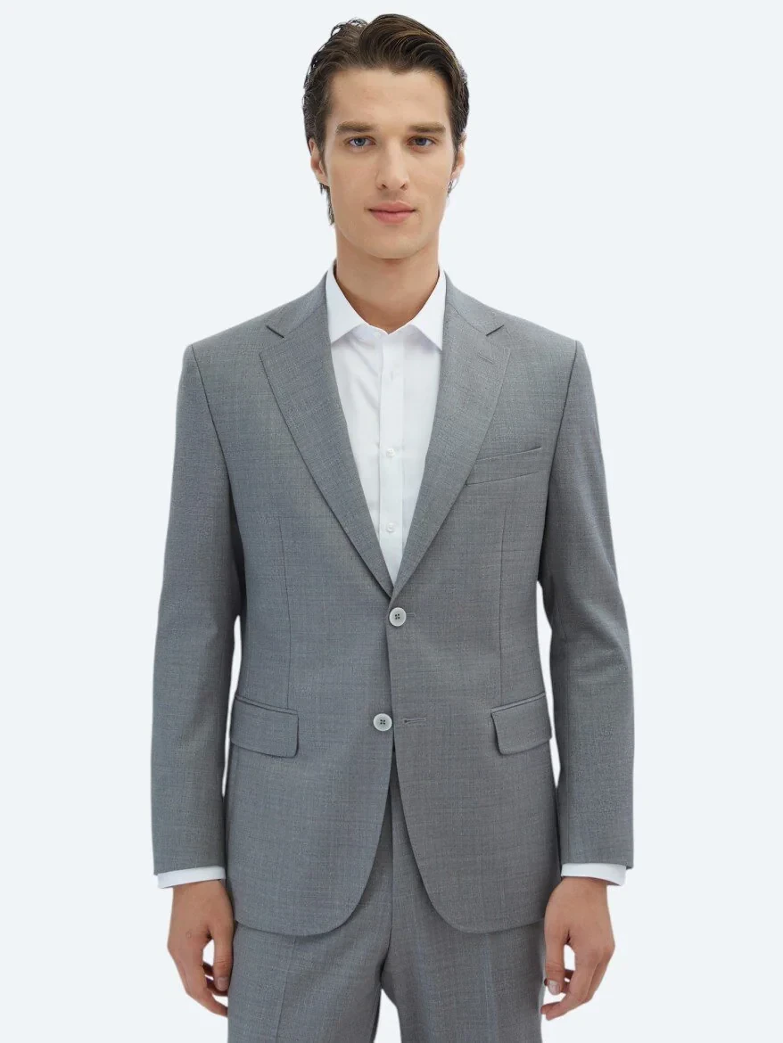 Grey Patterned Modern Fit Wool Blended Suit - 1
