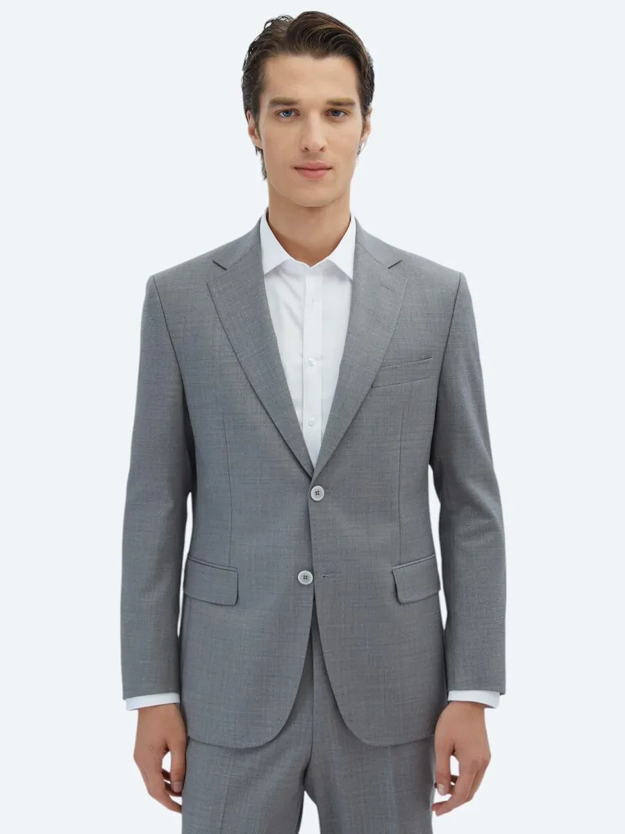 Grey Patterned Modern Fit Wool Blended Suit - 1