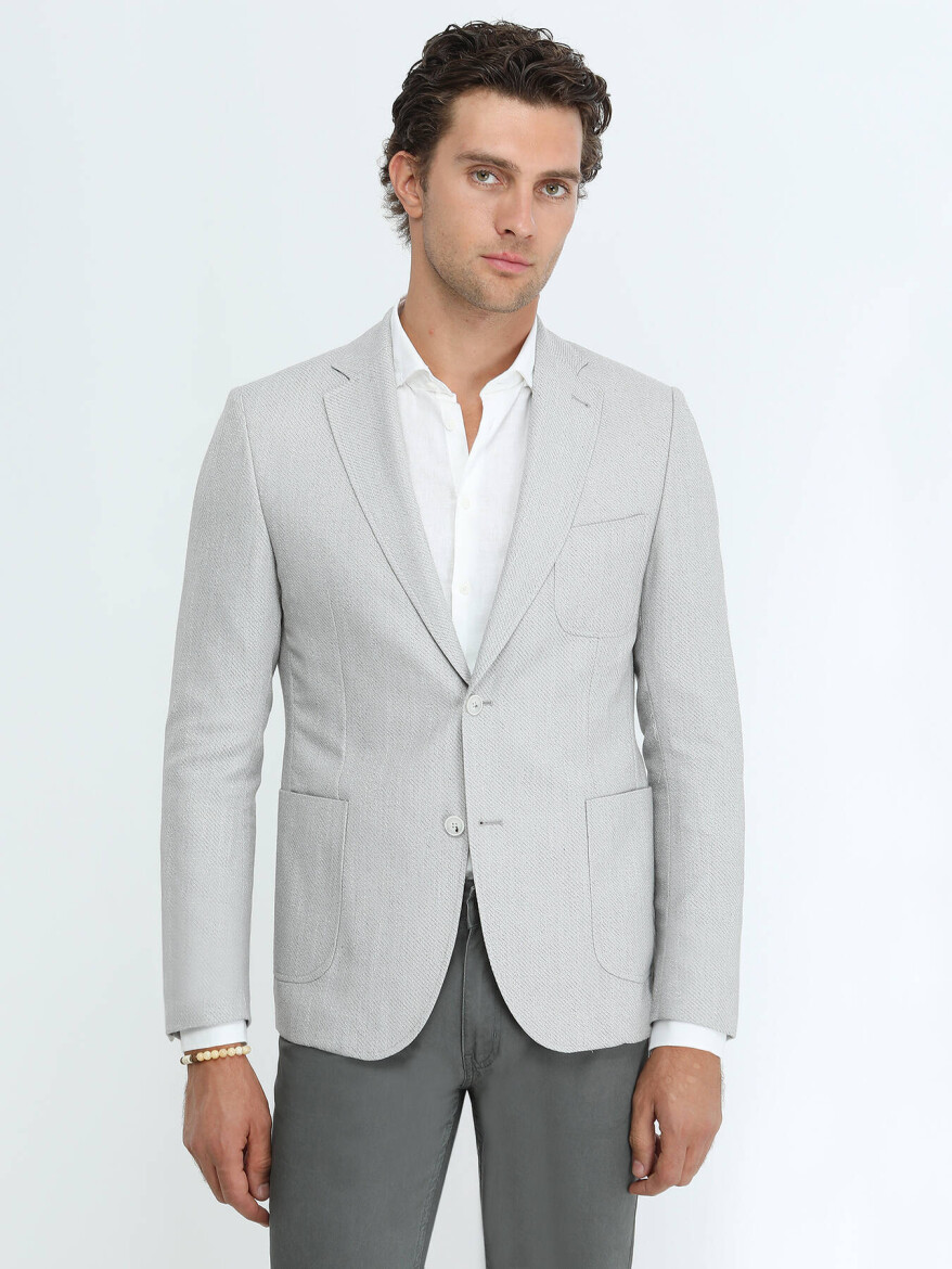 Grey Patterned Regular Fit Linen Blended Jacket - 1