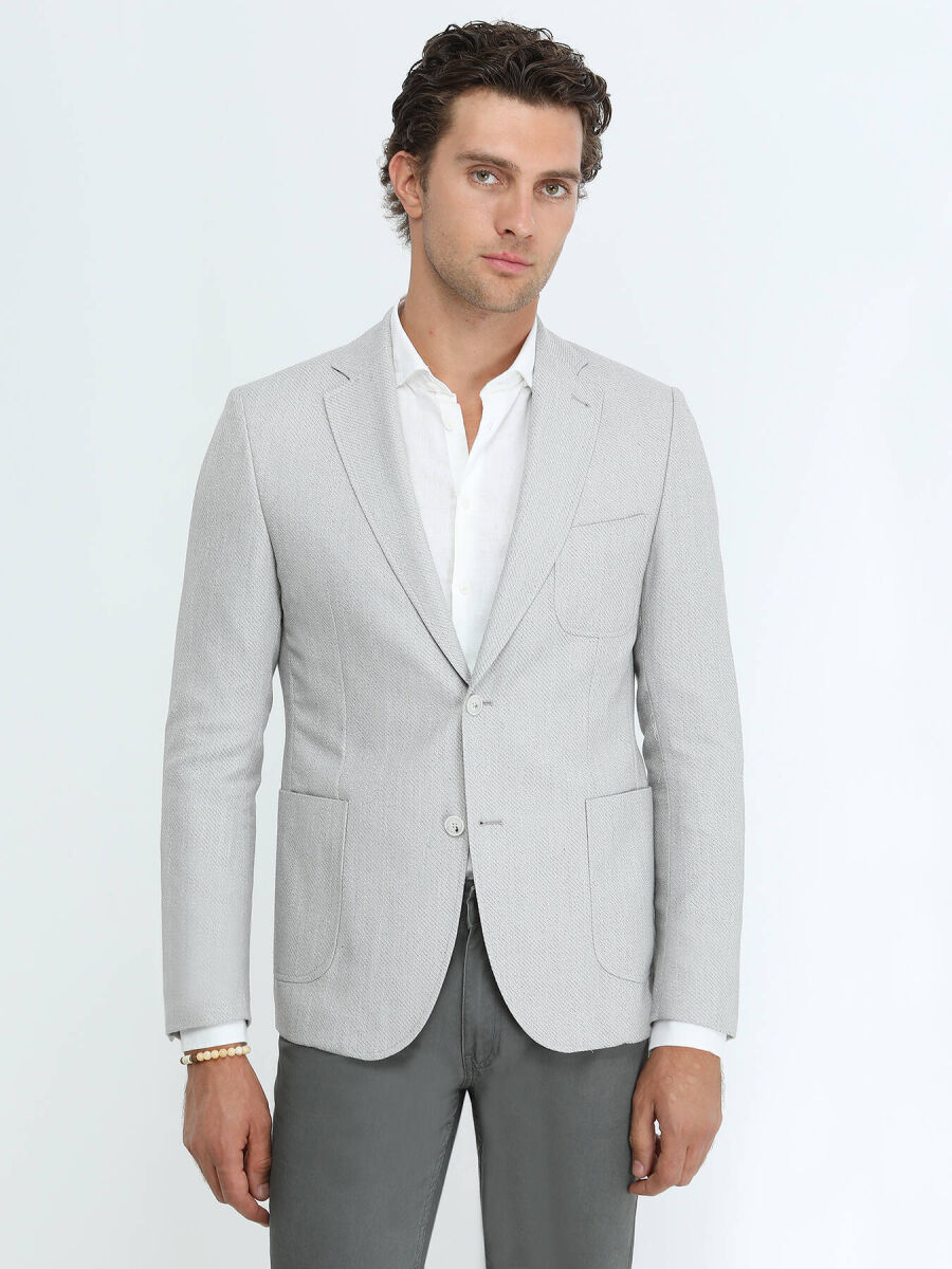Grey Patterned Regular Fit Linen Blended Jacket - 1