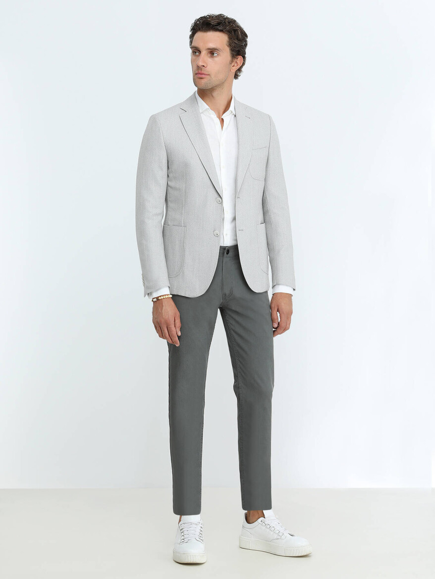 Grey Patterned Regular Fit Linen Blended Jacket - 2