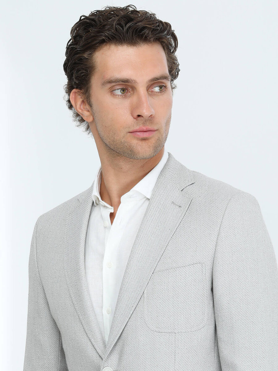 Grey Patterned Regular Fit Linen Blended Jacket - 3