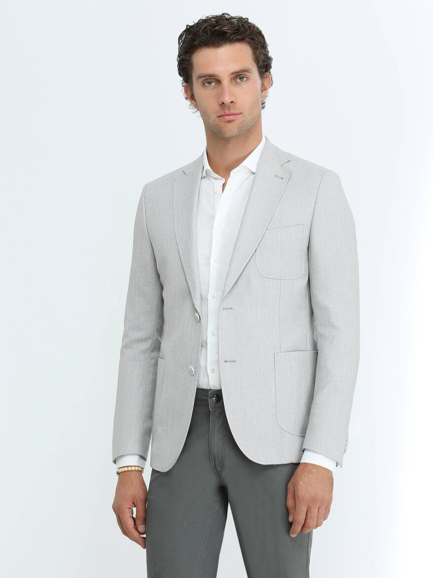 Grey Patterned Regular Fit Linen Blended Jacket - 4