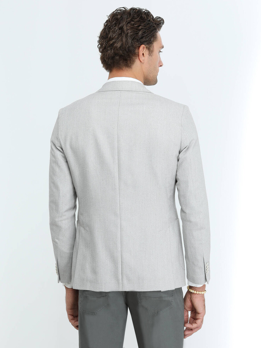 Grey Patterned Regular Fit Linen Blended Jacket - 5